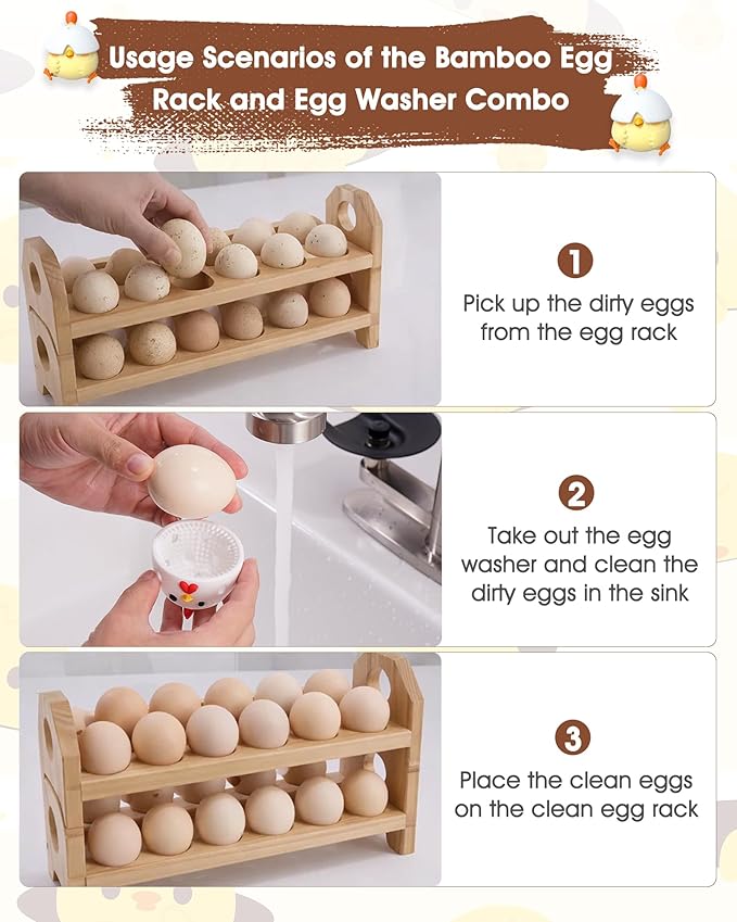 Bamboo Egg Holder Countertop with Silicone Egg Cleaner, 3-Tier Egg Holder for 36 Eggs, Stackable Design for Fresh Eggs, Farmhouse Egg Tray Storage Display Rack，Fits Quail, Duck, Chicken Eggs