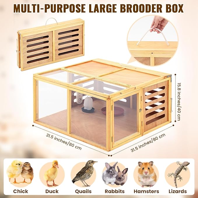 Large Chicken Brooder Box Kits 32x32x16 in Wooden Foldable Chick Brooder Box with Heated Light Thermometer Portable with Handle for up to 70 Chickens, Ducks, Quails, Hamsters, No Assembly