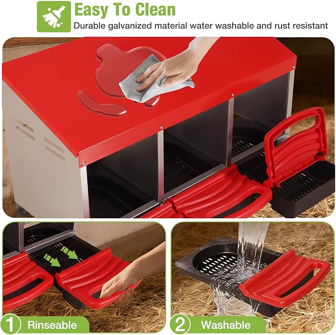 GUTINNEEN Chicken Nesting Box, 3 Compartment Metal Nesting Boxes with Roll-Away Egg System for Hens, Ducks & Rabbits, Technical Design for Efficient Egg Collection, Red