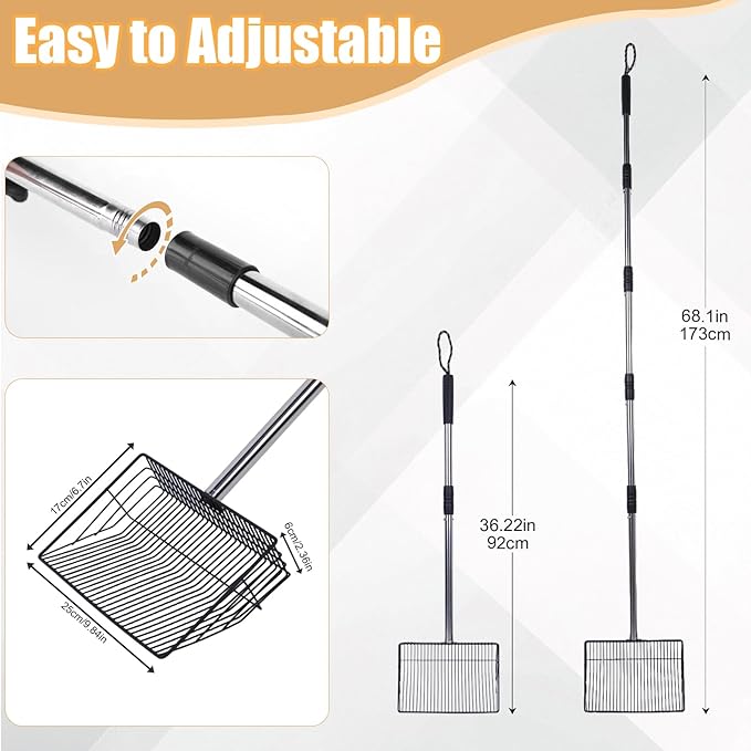 2PCS Chicken Poop Scooper & Rake Set – Adjustable Metal Cleaning Tools (Scooper 45–68", Rake 32–46.5") for Chicken Coop, Yard & Sand – Heavy Duty Stainless Steel Coop Accessories