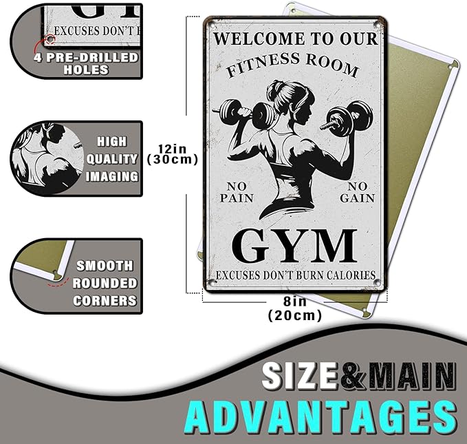 PEACHGARDEN Girl Gym Metal Tin Sign Welcome to Our Fitness Room Wall Art for Home Gym Weight Lifting Decor & Man Cave Workout Poster Motivational Wall Decor 8x12inch