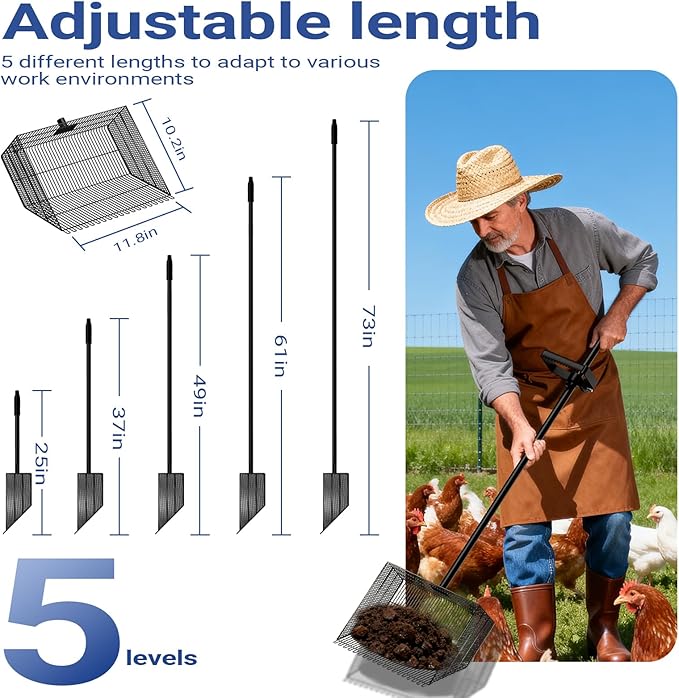 Chicken Poop Scooper with 12" Wide Heavy Duty Litter Shovel and Adjustable 25–73" Steel Handle, Multi-Section Detachable Pole Poop Rake for Easy Chicken Coop Cleaning, Durable Metal Accessories