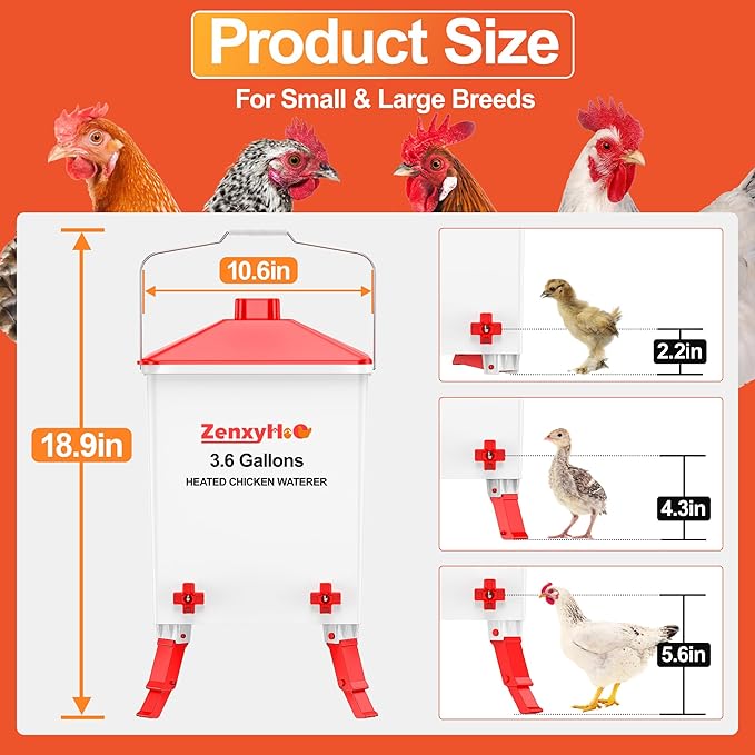 3.6 Gallons Chicken Waterer Bucket with Adjustable Legs 4 Horizontal Water Nipples and Anti Roost Cone