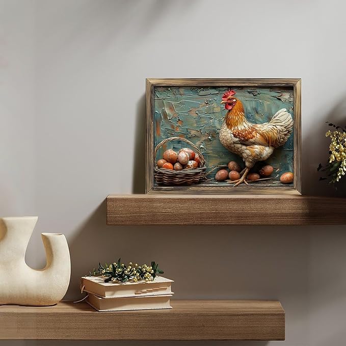 Rustic Long Wooden Framed Art Rustic Hen Eggs Basket Texture Farmhouse Style Wall Decor Sign for Tabletop Or Hanging - Durable Handcrafted Wood Print - Home & Office Decoration