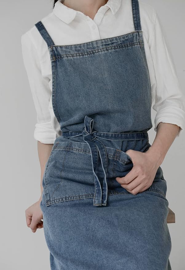 Adjustable Bib Apron with Large Pockets, Cotton Denim Gardening Apron Cross Back Work Jean Apron for Women Men(Style A, Deep Blue)