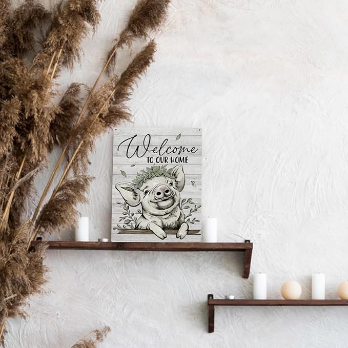 Welcome Sign for Front Door - Farmhouse Decor, Pig Decor,Welcome to Our Home Wood Hanging Front Door Porch Sign, Front Door Welcome Sign, 8x10 Inch