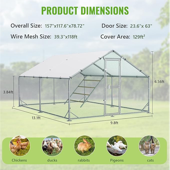 Large Walk-in Metal Chicken Coop, 10×13 FT Chicken Run with UV Cover, Split Feeding Door & Roosting Perch, for 10–20 Chickens