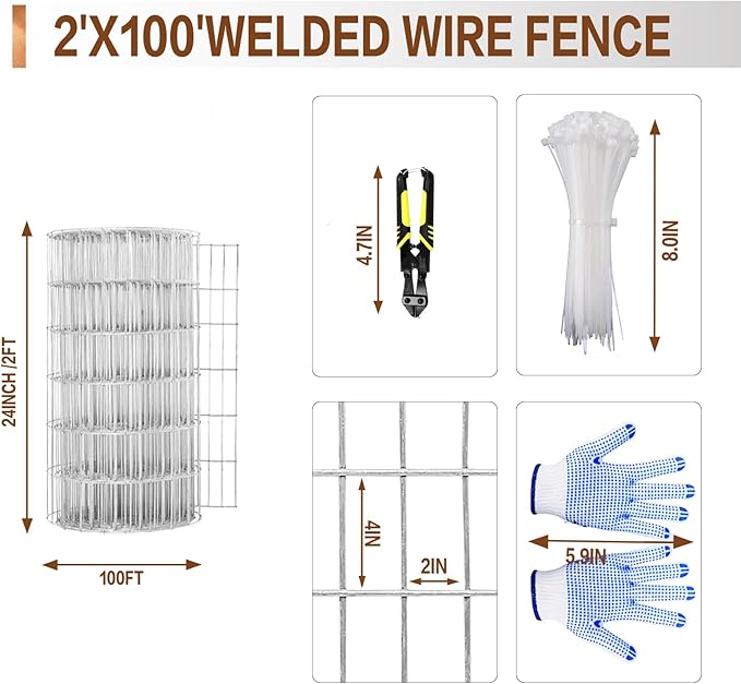 Tongmo 2 ft x 100 ft Galvanized Welded Wire Fence, 16GA Garden Chicken Wire Fence Roll, Mesh Size 2" x 4"Hardware Cloth, Ideal for Yard Protection and Poultry Netting