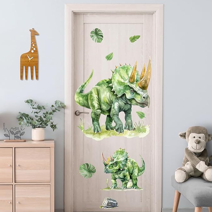 Mfault Watercolor Dinosaur Wall Decals Stickers, Jungle Green Dino Triceratops Monstera Palm Leaves Nursery Decorations Kids Bedroom Art, Tropical Plant Block Baby Boys Toddlers Playroom Home Decor