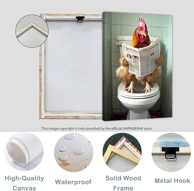 AWPANERAR Rooster Bathroom Wall Art Funny Chicken on Toilet Painting Rustic Farmhouse Animals Reading Newspaper Picture for Restroom Decor Framed (24L x 16W)