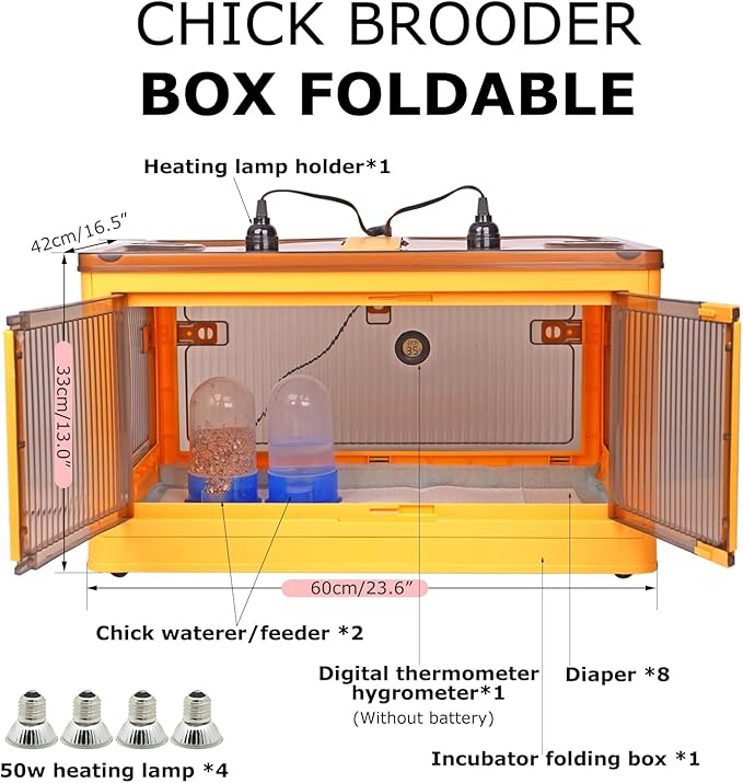Chick Brooder Box for Chicks, Quail Brooder Box Kit with Heater Feeder and Waterer Set Chicks Warmer for 20 Duckling Parrot Lizard Ducks Bedding Indoor (23.62”x16.53”x13” Yellow)