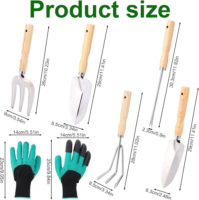 Heavy Duty Garden Tool Set, Gardening Hand Tools with Wooden Handle Stainless Steel Material Latex Gloves Gardening Gifts for Garden Enthusiasts