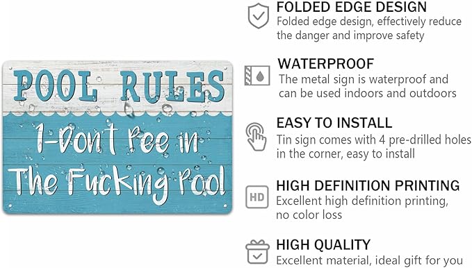 Pool Rules Metal Sign Don't Pee in the Pool Vintage Swimming Pool Tin Sign Outdoor Swimming Pool Decorations Farmhouse Home Patio Pool Decor 8x12 Inch