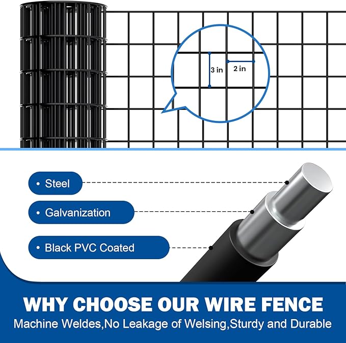 Black Metal Fence，Pet Fence Netting，Black PVC Coated Welded Wire (2×3 Inch Mesh, 48"×50' 16Gauge) - Weatherproof Garden Fence & Animal Enclosure Solution
