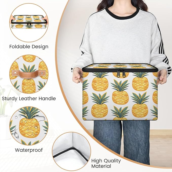 Yellow Pineapple Storage Bins With Lids Fabric Collapsible Storage Box with Leather Handles for Home Bedroom Foldable Closet Shelf Organizer