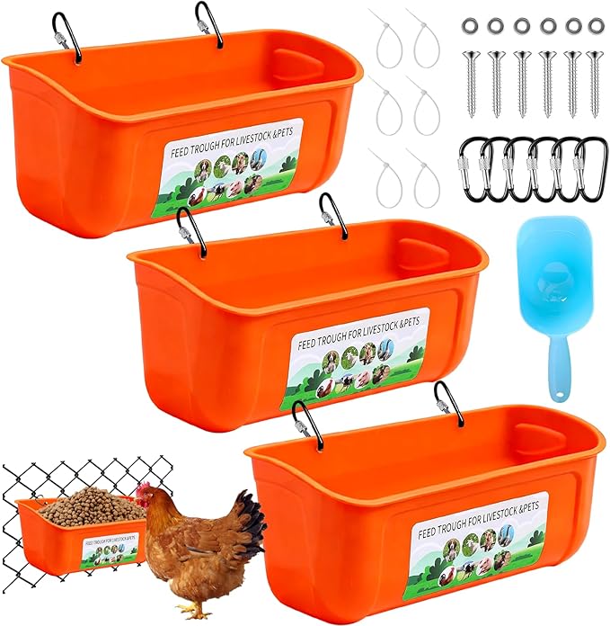 3 Pack Chicken Feeder, Duck Feeder Supplies, Hanging Fence Feed Trough with Clips for Goat, Sheeple, Piglet, Gooses, Turkeys, Dog Livestock Poultry, 8 Quarts in Total, Feed Scoop Included, Orange