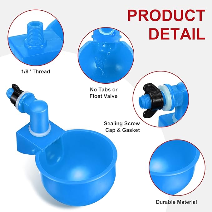 Patelai Chicken Water Cups, Chicken Waterer Cups Summer Water Feeder Cup 3/8 Inch Thread Automatic Filling Waterer Poultry Drinking Bowl for Duck Turkey Bunny(Blue,6 Pieces)