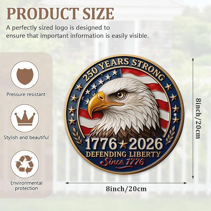 United States 250th Anniversary Metal Sign, 250th Anniversary USA Round Metal Signs for Home Decor, 250 Patriotic American Wall Signs Yard Signs, Gift for US Citizens, Patriotic Collectors