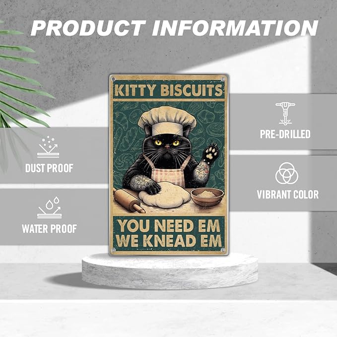 Biscuits Black Cat Wall Decor Funny Kitchen Retro Metal Sign Vintage Art Tin Poster Lovers Home Decoration 8 x 12 Inch Outdoor Indoor Aluminum