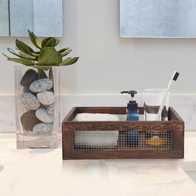 Rustic Wooden Storage Baskets, Nesting Design with Wire Mesh, Set of 2, Dark Brown