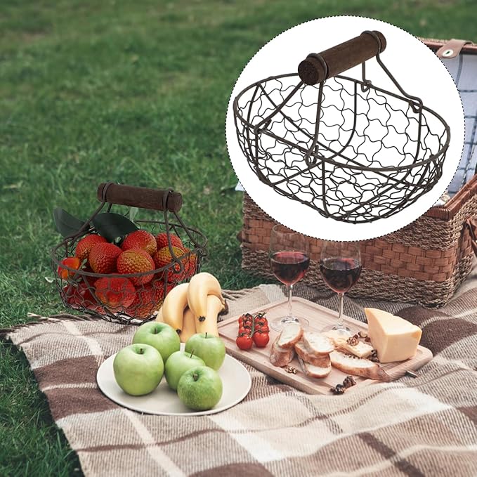 Rustic Wire Egg Basket for Fresh Eggs Gathering, Farmhouse Metal Eggs Holder with Wood Handle, Vintage Kitchen Countertop Storage Basket for Fruits Vegetables Bread, Black Wire