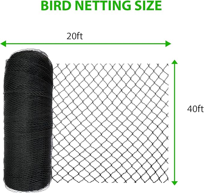 20' x 40' Bird Netting for Garden Heavy Duty 3/8" Mesh Anti Bird Net for Chicken Run,Vegetables,Koi Pond,Fruit Trees & Other Plants,Lasting Against Birds Deer Squirrels and Poultry, Black