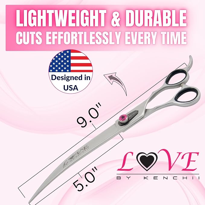 Kenchii Love Dog Grooming Scissors, 9 Inch Curved Shears, Dog Scissors for Grooming, Professional Pet Grooming Scissors, Ergonomic & Comfortable