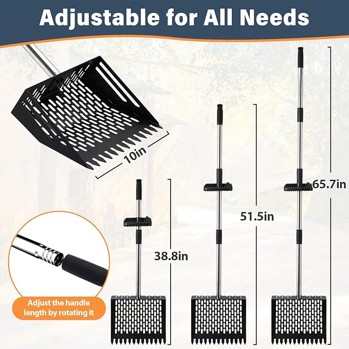 Chicken Poop Scooper, 10 Inch 2 in 1 Stainless Steel Sand Sifting Shovel & Rake with 35" to 62" Adjustable Length, Durable Litter Cleaner with Detachable Handle for Chicken Coop Farm Animal(Black)