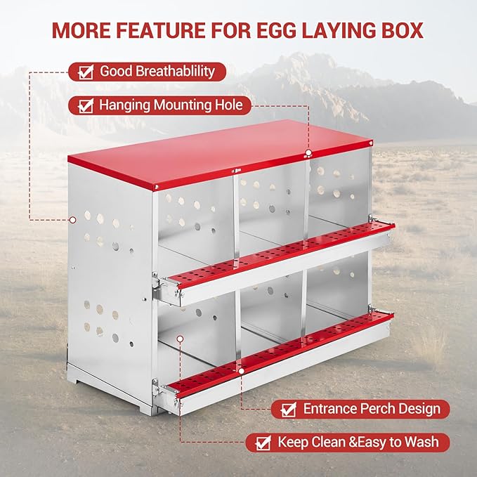 Heavy Duty Metal Chicken Nesting Box – 6 Compartments, Roll-Out Egg Collection, Pull-Out Tray, Swing Perch, Wall Mount, Easy Clean, for Hens & Ducks, Indoor/Outdoor, with Cover-Red, 96×48×71cm