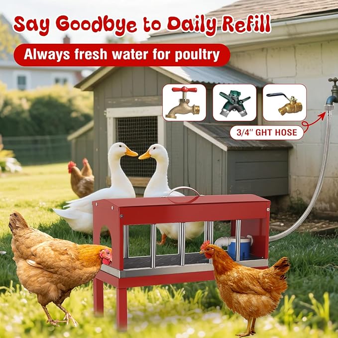 Automatic Chicken Waterer with Float Valve,Stainless Steel Automatic Chicken Watering System with Hose and Bottom Bracket,Large Poultry Waterer Dispenser for Chicken Duck,Goose,Quail, Turkey