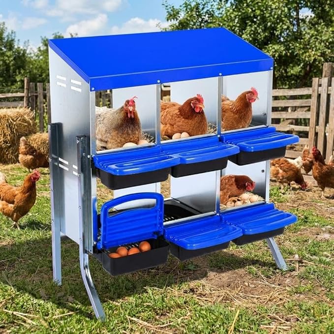 Chicken Nesting Box 6-Hole Roll Away Egg Laying Box with Lid & Stand, Galvanized Steel Rustproof Poultry Coop Box, Wall Mountable No Bracket Needed for Hens, Blue