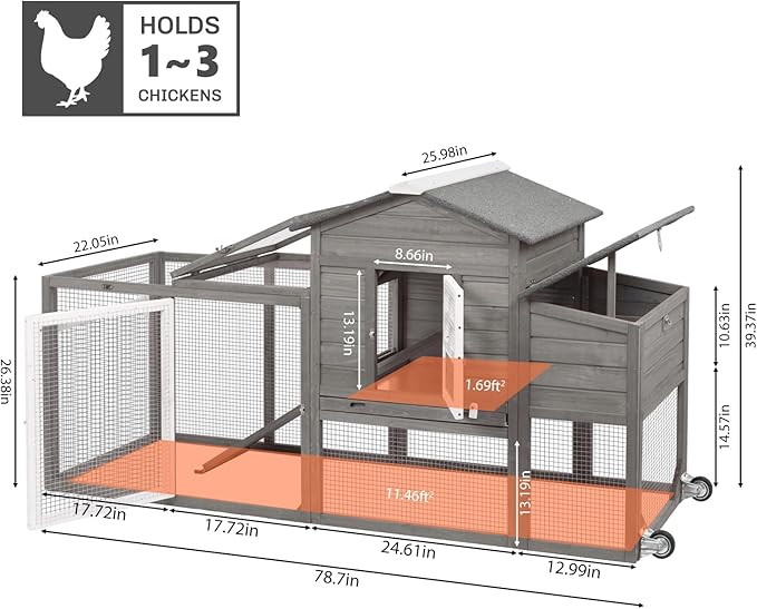 PetsCosset 79" Wooden Chicken Coop Rabbit Cage with Nesting Box, Waterproof Roof, Removable Tray, Combinable