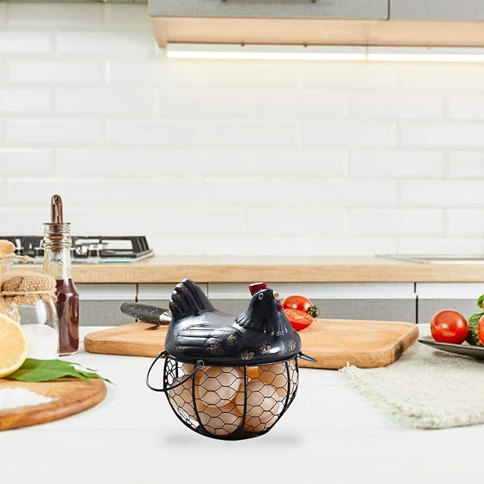 Cabilock Metal Wire Egg Basket Egg Holder Organizer Case with Ceramic Farm Chicken Top Container for Easter Party Gathering Fresh Eggs Storing Fruit Snack