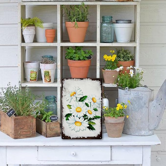 LZHQMI Vintage Tin Signs Flowers White Daisy Metal Wall Art Retro Flower Sign Wall Decor Kitchen Metal Tin Signs Cute Daisy Bathroom Wall Decorative Garden Signs Home Gift 8x12 Inch