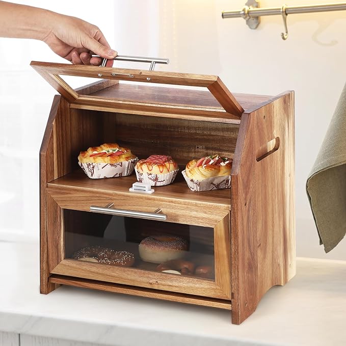 Garvee Double Layer Bread Box – Acacia Wood Bread Bin with Clear Acrylic Door & Air Vents, Rustic Countertop Bread Storage Container for Homemade Bread, Bagels, Muffins (Brown & Silver)