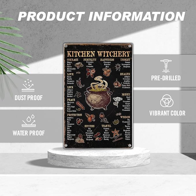 Kitchen Witchery Herbs Meaning Chart Metal Sign Witchcraft Cauldron Illustration Home Witch Decor Spiritual Rustic Wall Decoration 8 x 12 Inch Outdoor Indoor Aluminum