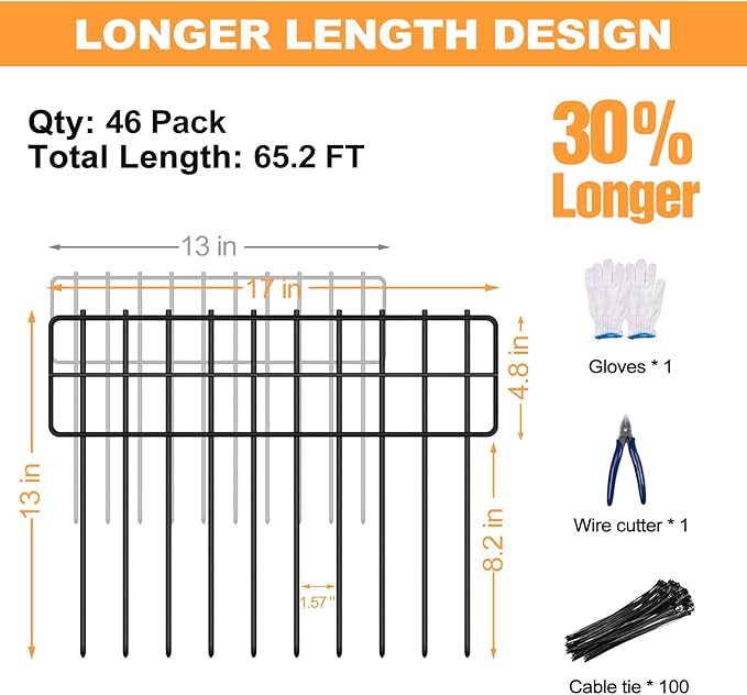 KYATE Garden Fence Animal Barrier, 46 Panels No Dig Fence 65.2ft(L) x13in(H), Rustproof Metal Defense Border, Dogs Rabbits Blocker Fence for Outdoor Yard & Patio