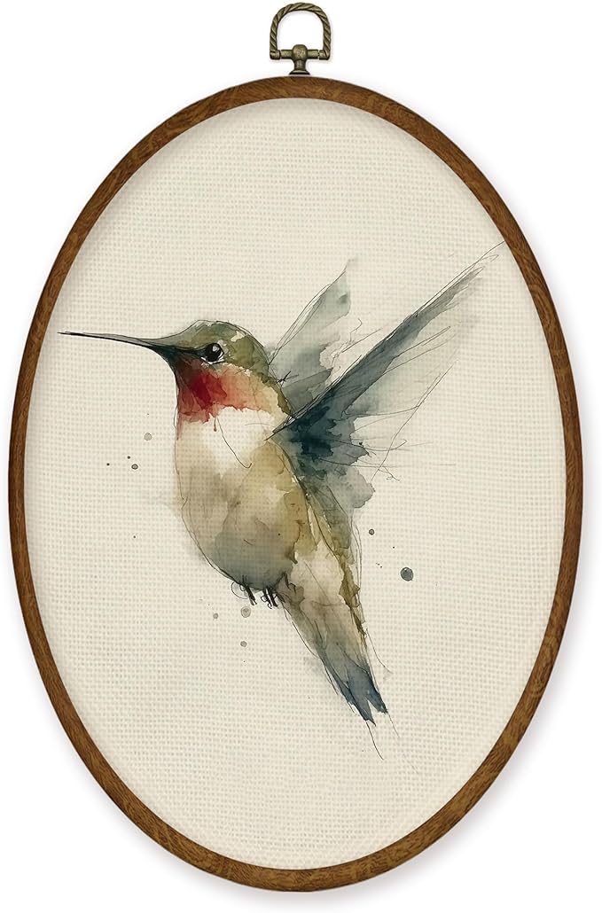 WULQYING Vintage Hummingbird Wall Art Decor, Rustic Farmhouse Bird Oval Framed Canvas Art Prints, Neutral Cottagecore Hummingbird Bird Wall Hanging Decor for Home Bedroom Living Room, 8.6x11.4 Inches