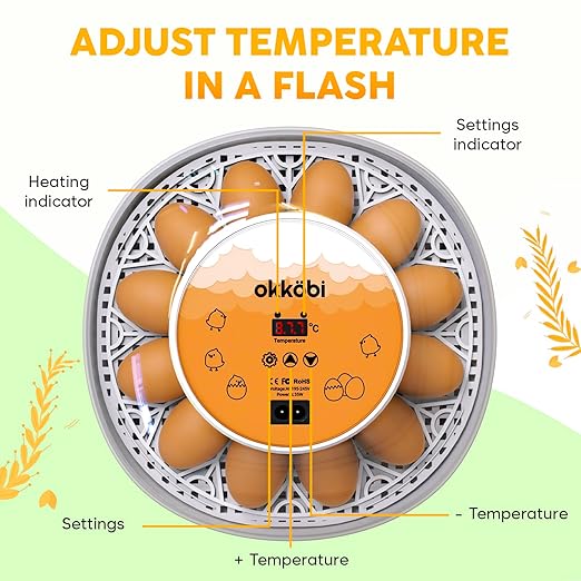 Okkobi M12 Egg Incubator with Automatic Turner and Humidity Control - 12/24 Eggs, 360° View, Easy to Use and Clean - Incubadora de Huevos de Gallina - Made for US - White & Orange