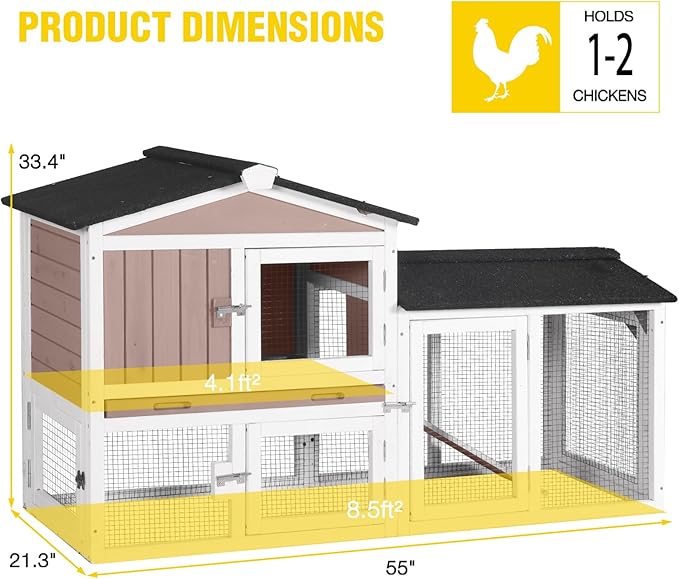 Aivituvin Chicken Coop for 2 Chickens, Outdoor Wooden Rabbit Hutch Hen House Poultry Quail Cage with Weatherproof Asphalt Roof, Leakproof Pull-Out Tray for 2 Rabbits or Small Animals