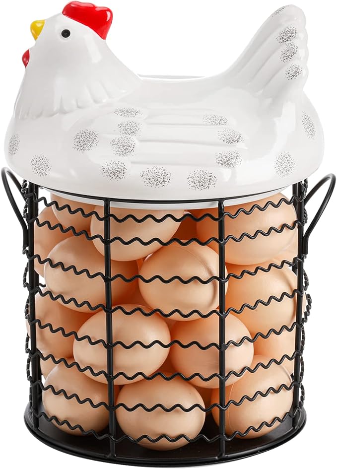 Hiceeden Metal Wire Chicken Egg Storage Basket, Decorative Fresh Egg Holder with Ceramic Chicken Design Lid, Portable Round Collectiong Basket for Kitchen Supplies, Pantry