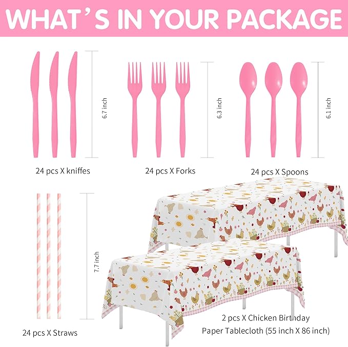 Chicken Party Decorations Tableware for Birthday Baby Shower, Farm Animal Barnyard Little Chick Birthday Party Supplies, Plate, Cup, Napkin, Straws, Disposable Cutlery, Tablecloth, 24 Guests