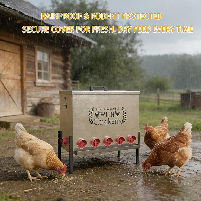 170 LB Automatic Chicken Feeder 12 Port Large Metal Poultry Feeders Box Feeder with Adjustable Height, Locking Lid & Handles,Rustproof Feed Box for Poultry & Backyard Chickens