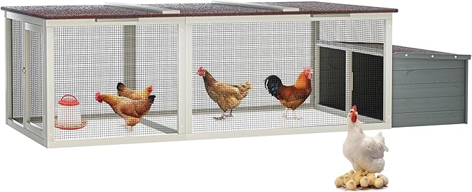 Large Wooden Chicken Coop Outdoor Hen House with Nesting Box，Walk-in Poultry Cage with Secure Locks, Metal Mesh Run for Backyard Farm Use (Gray 85.6")