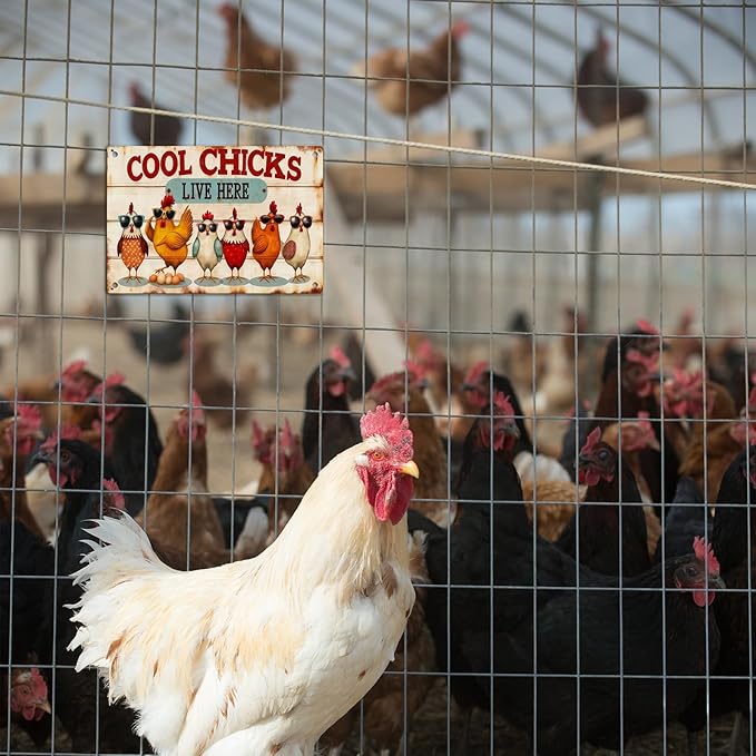 Chicken Metal Decor Sign Vintage Metal Tin Sign Wall Art Decor Cool Chicks Live Here Chicken Coop Signs Accessories for Outdoor Decorations Gifts for Women and Hen Lovers 8 X 12 Inch