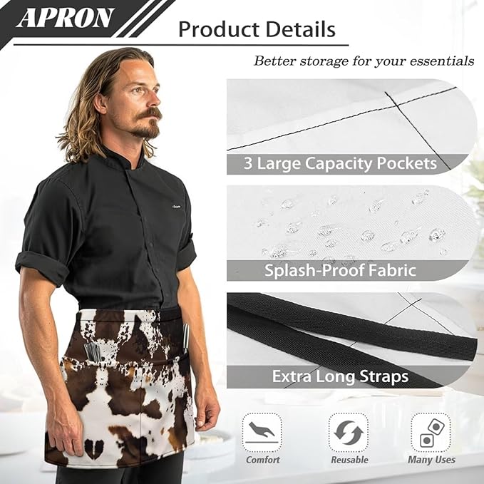 Waist Apron with 3 Pockets Waterproof 13 Inch Short Half Waist Aprons Women Men Server Aprons Waitress Waiter Apron