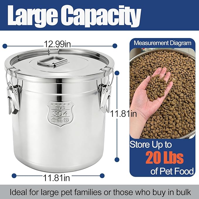 20 Lbs Stainless Steel Dog Food Storage Containers with Airtight Lid and Locking Clamp, Large Metal Dog Food Bin, Pet Food Storage Container for Dogs, Cats & Birds, Keep Fresh