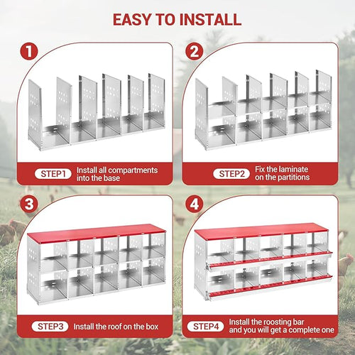 10-Compartment Chicken Nesting Box, Roll Away Metal Laying Box with Easy Egg Collection, Pull-Out Tray & Swing Perch, Wall Mount Hen Brooder Box for Chicken and Duck Coops, Red