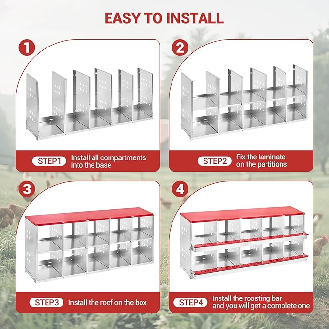 Heavy Duty Metal Chicken Nesting Box – 10 Compartments, Roll-Out Egg Tray, Pull-Out Cleaning Tray, Swing Perch, Wall Mount, with Cover-Red, 160×48×71cm