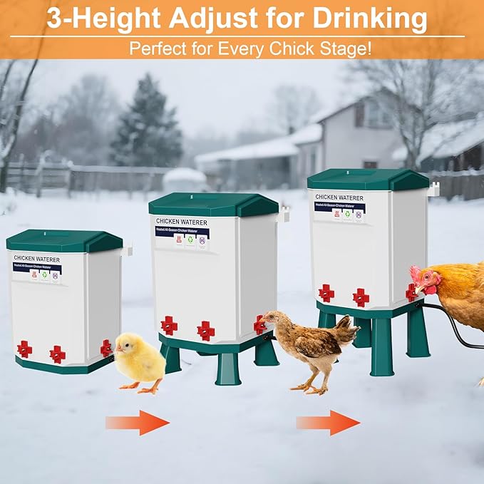 3-Gallon Heated Chicken Waterer for Winter, Chicken Water Heater with 4 No-Freeze Nipples, Easy-Fill Winter Hanging Chicken Waterer, Clean & Heated Chicken Water for Chickens, Birds